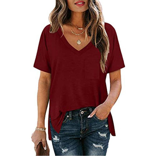 V-neck Solid Color Short Sleeves