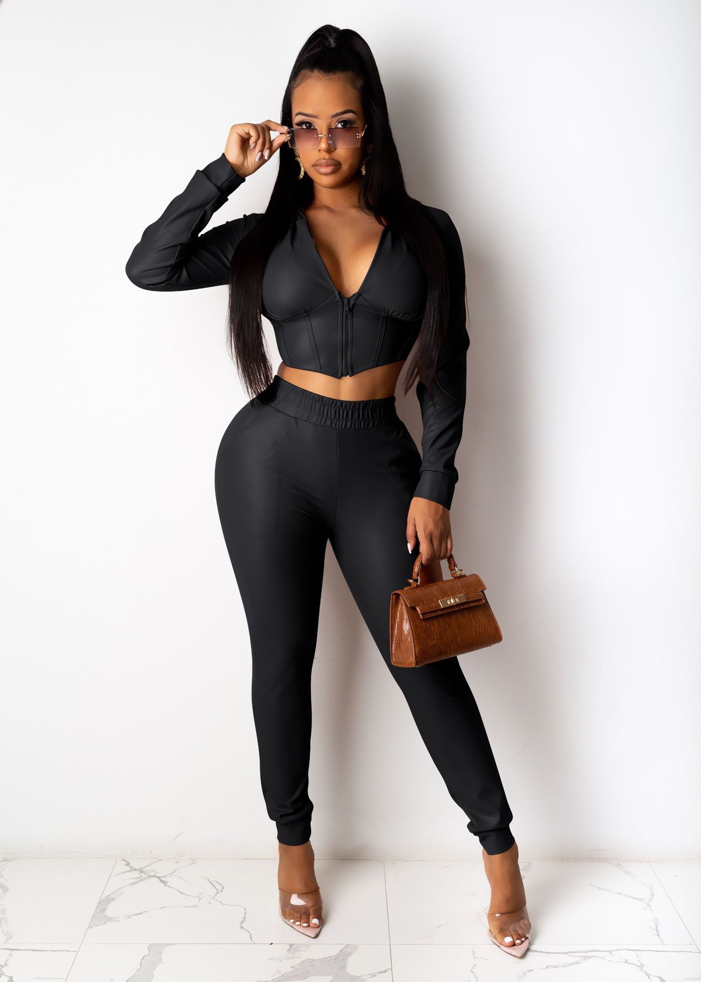 Fall And Winter Flocked Leather Two Piece Set