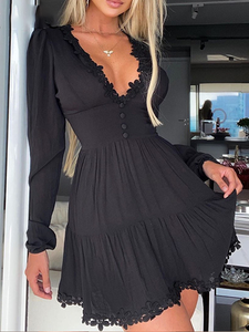 Women's V-neck Lace Pleated Dress