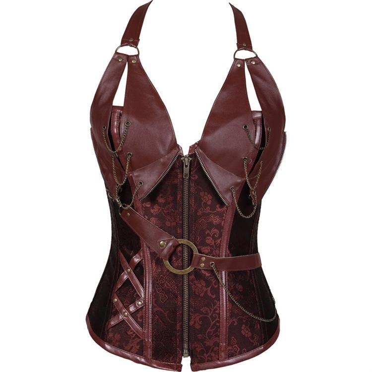 Punk Leather Corset With Belt Halterneck Top