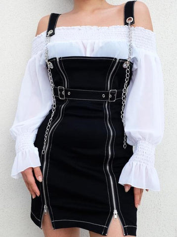 Metal High Waist Zipper Tassel Slim Strap Dress