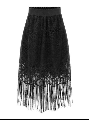 Black Lace Fringed Cutout Skirt