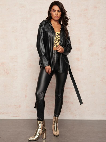 Mid-length zipped belt leather top