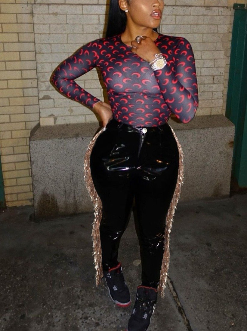 High Stretch And Velvet Stitching Sequined Fringed Leather Pants
