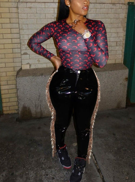 High Stretch And Velvet Stitching Sequined Fringed Leather Pants