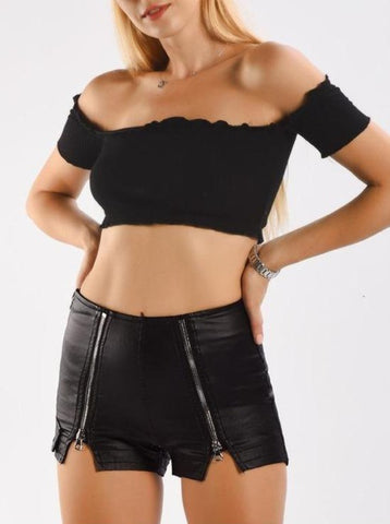 High Waist Stretch Stitching Multi-zip Leather Shorts
