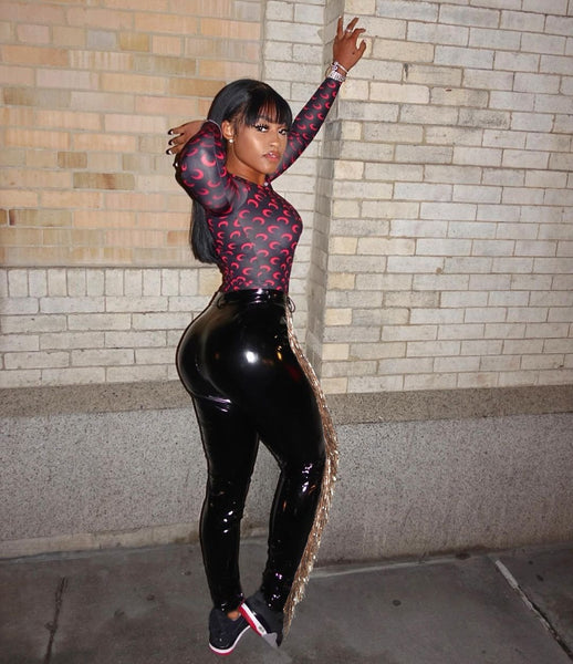 High Stretch And Velvet Stitching Sequined Fringed Leather Pants