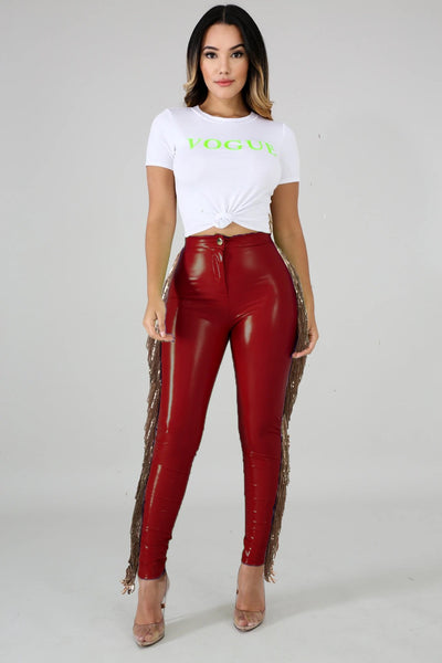 High Stretch And Velvet Stitching Sequined Fringed Leather Pants