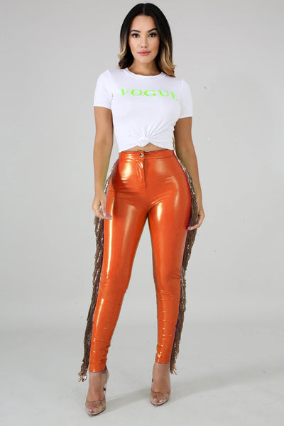 High Stretch And Velvet Stitching Sequined Fringed Leather Pants