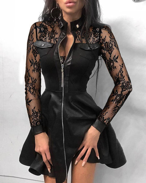 2022 Long Sleeve Transparent Lace Zip Pocket Dress
