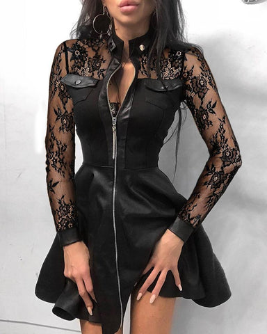 2022 Long Sleeve Transparent Lace Zip Pocket Dress