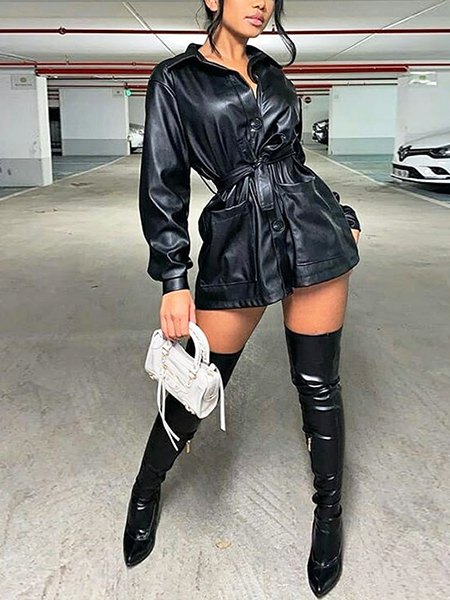 Motorcycle Jacket Belt Medium Length Leather Coat