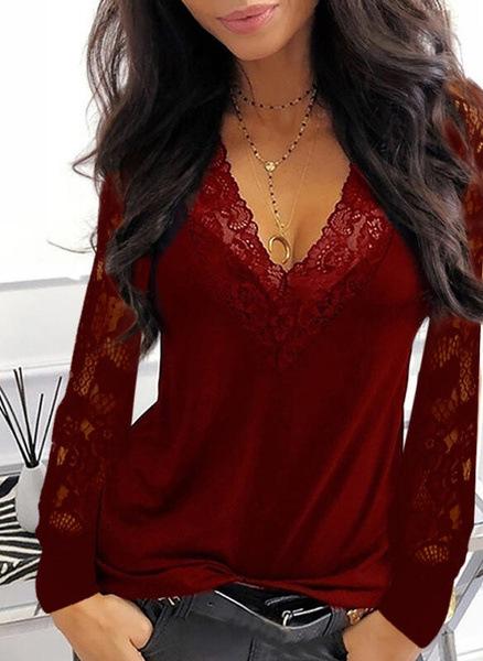 Lace Stitching V-neck Long Sleeve T-shirt