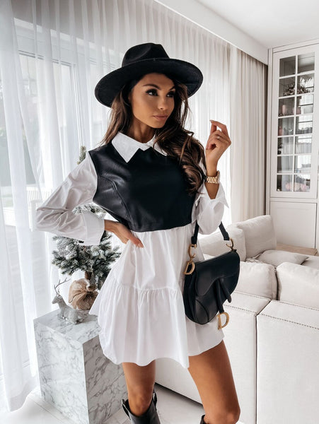 Color Block Fashion Dress With Shirt Collar