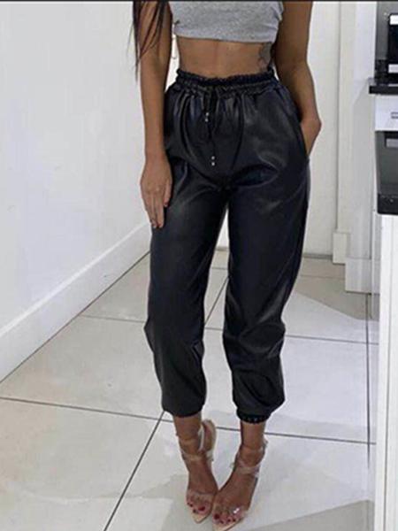 High Elastic Strapped Leather Pants