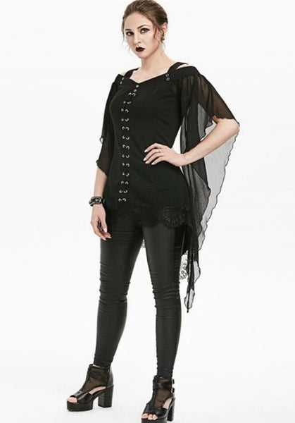 Irregular Lace Stitching Top With Large Swing Sleeves