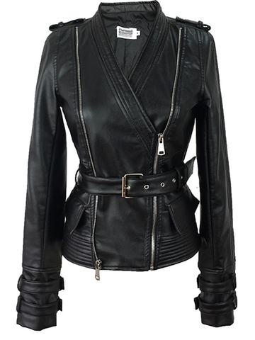 Slim Double Zip V-neck Long Sleeve Leather Jacket