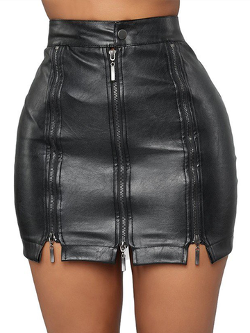 High Waist PU Zipper Stitching Strappy Skirt