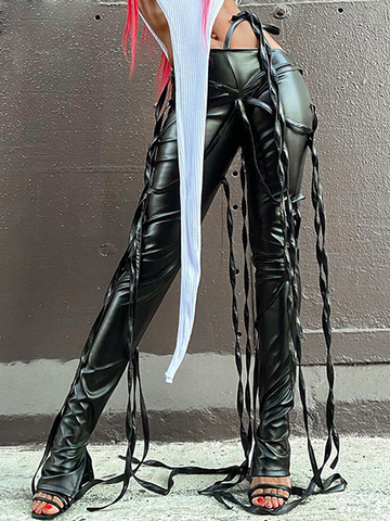 Oblique Waist Multi-strap Casual Lace-up Leather Pants