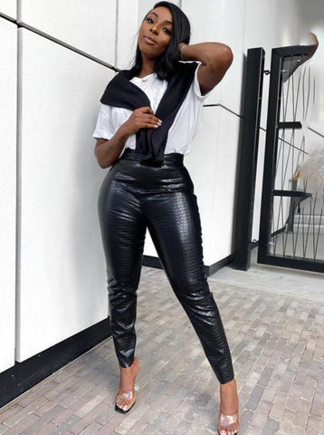 Basic Skinny Leather Pants With Crocodile Pattern