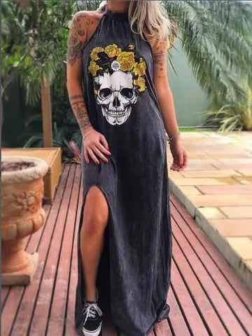 Printed Skull Head Slim Mid-length Dress