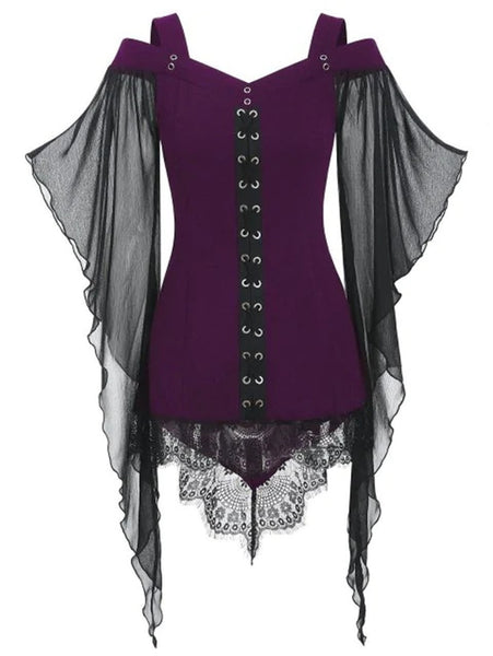 Irregular Lace Stitching Top With Large Swing Sleeves