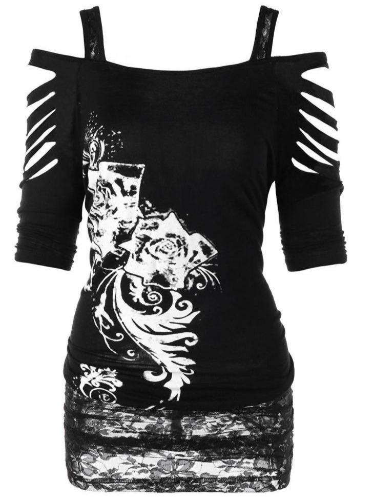 Off-the-shoulder Print Gothic Strap T-shirt