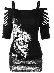 Off-the-shoulder Print Gothic Strap T-shirt
