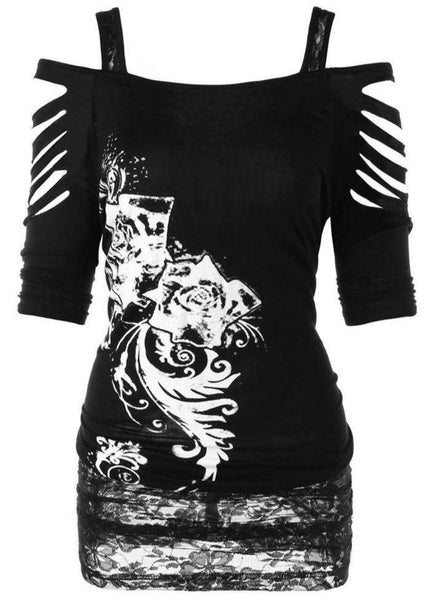 Off-the-shoulder Print Gothic Strap T-shirt