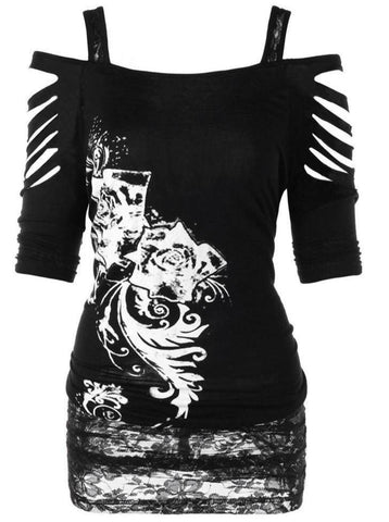 Off-the-shoulder Print Gothic Strap T-shirt