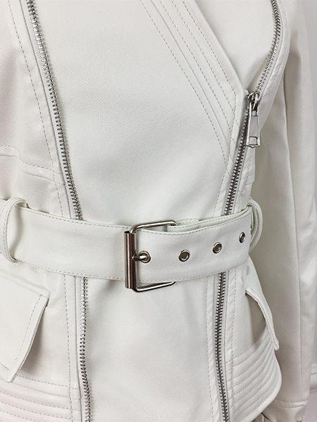 Slim Double Zip V-neck Long Sleeve Leather Jacket
