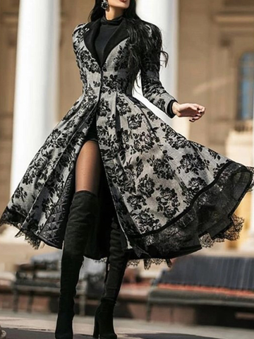 Lace Stitching Black Flowers Jacket Dress