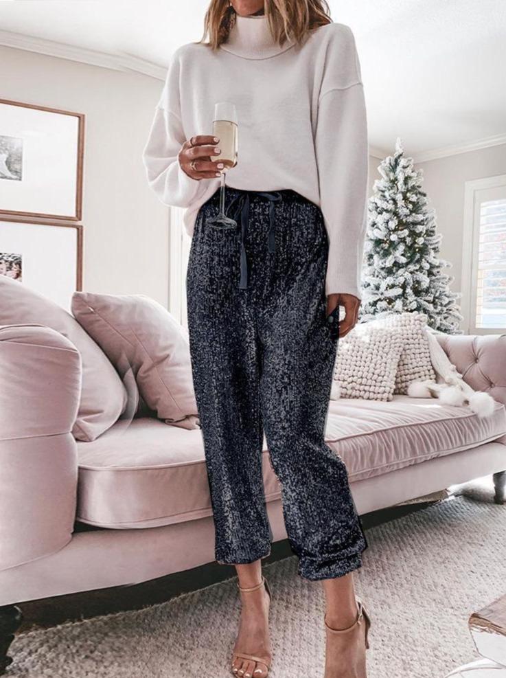 Ruffled Sequin Drawstring High Waist Slacks
