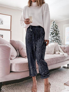 Ruffled Sequin Drawstring High Waist Slacks