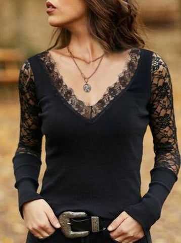 V-neck Lace Long-sleeved Slim T-shirt