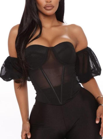 Tube Top Off Shoulder Lantern Sleeve Cropped Top
