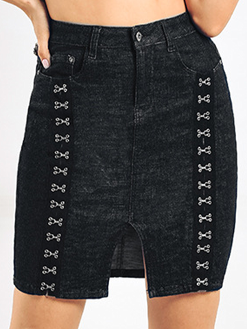 Slim Black Studded Denim Skirt