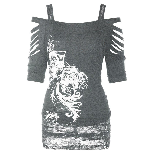 Off-the-shoulder Print Gothic Strap T-shirt