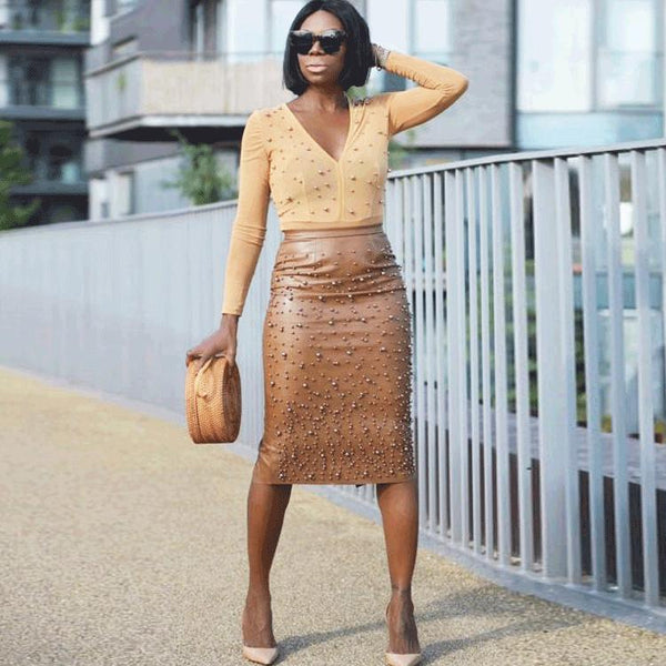 Large Stretch Leather Skirt With Irregular Beaded Back Slit