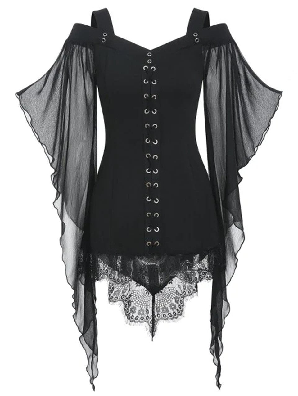 Irregular Lace Stitching Top With Large Swing Sleeves