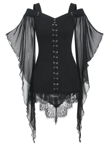 Irregular Lace Stitching Top With Large Swing Sleeves