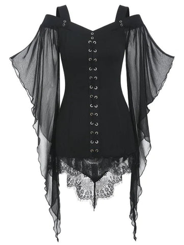 Irregular Lace Stitching Top With Large Swing Sleeves