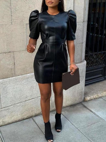 Leather Bubble Short Sleeve Dress