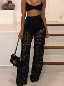 High Waist Lace Cutout Long Trousers