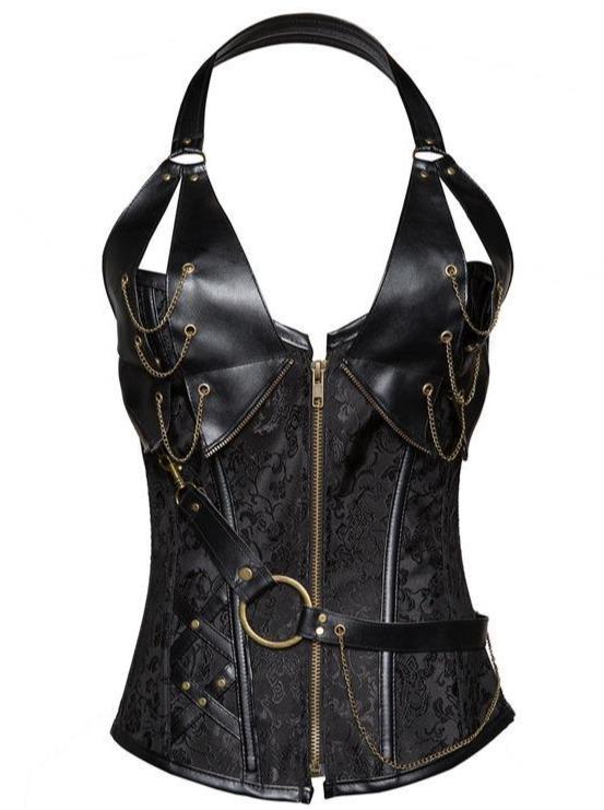 Punk Leather Corset With Belt Halterneck Top
