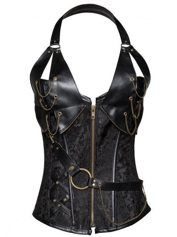 Punk Leather Corset With Belt Halterneck Top