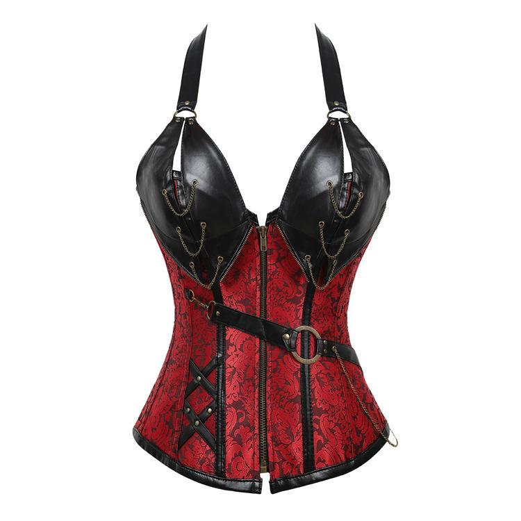 Punk Leather Corset With Belt Halterneck Top