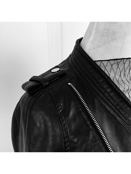 Slim Double Zip V-neck Long Sleeve Leather Jacket