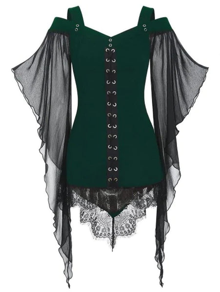 Irregular Lace Stitching Top With Large Swing Sleeves