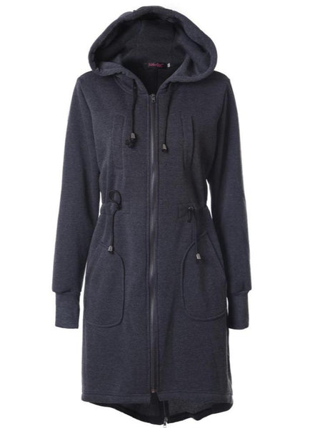 Drawstring Waist Hooded Zipper Coat